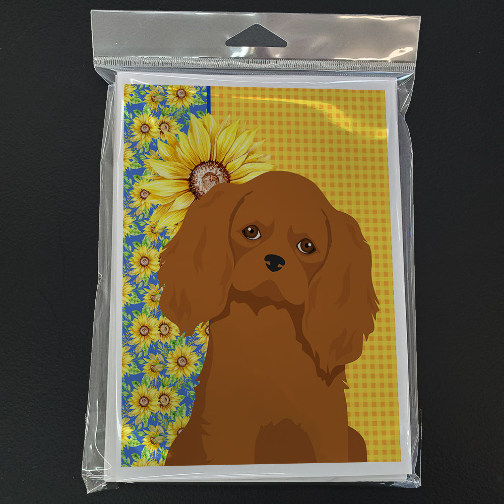 Summer Sunflowers Ruby Cavalier Spaniel Greeting Cards and Envelopes Pack of 8 - the-store.com