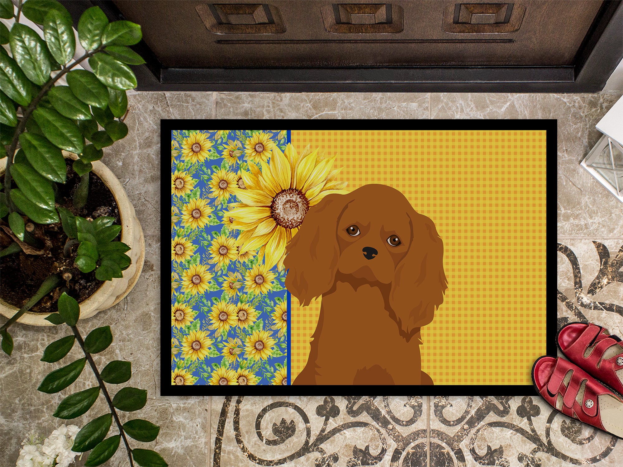 Summer Sunflowers Ruby Cavalier Spaniel Indoor or Outdoor Mat 24x36 - the-store.com