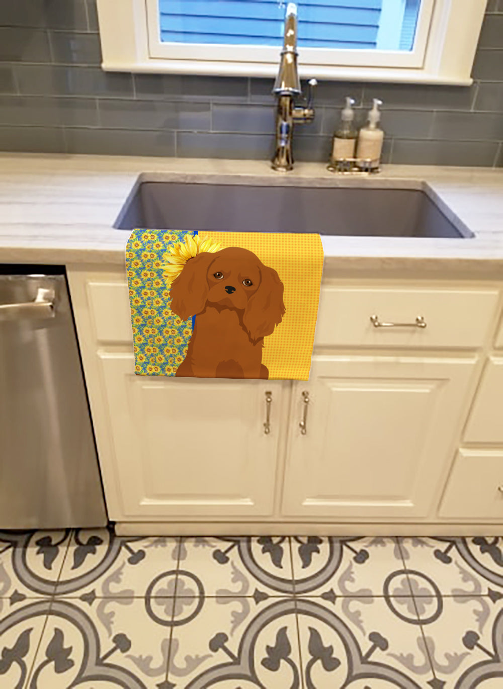 Summer Sunflowers Ruby Cavalier Spaniel Kitchen Towel - the-store.com
