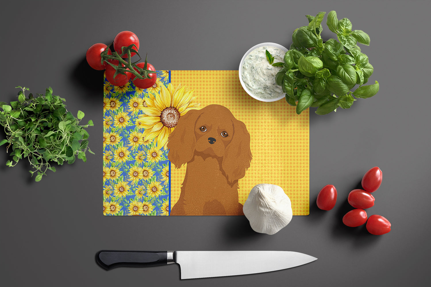 Summer Sunflowers Ruby Cavalier Spaniel Glass Cutting Board Large - the-store.com