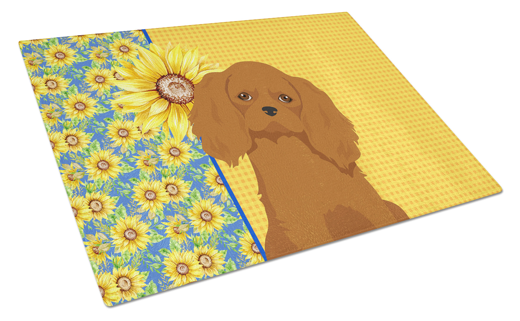 Buy this Summer Sunflowers Ruby Cavalier Spaniel Glass Cutting Board Large