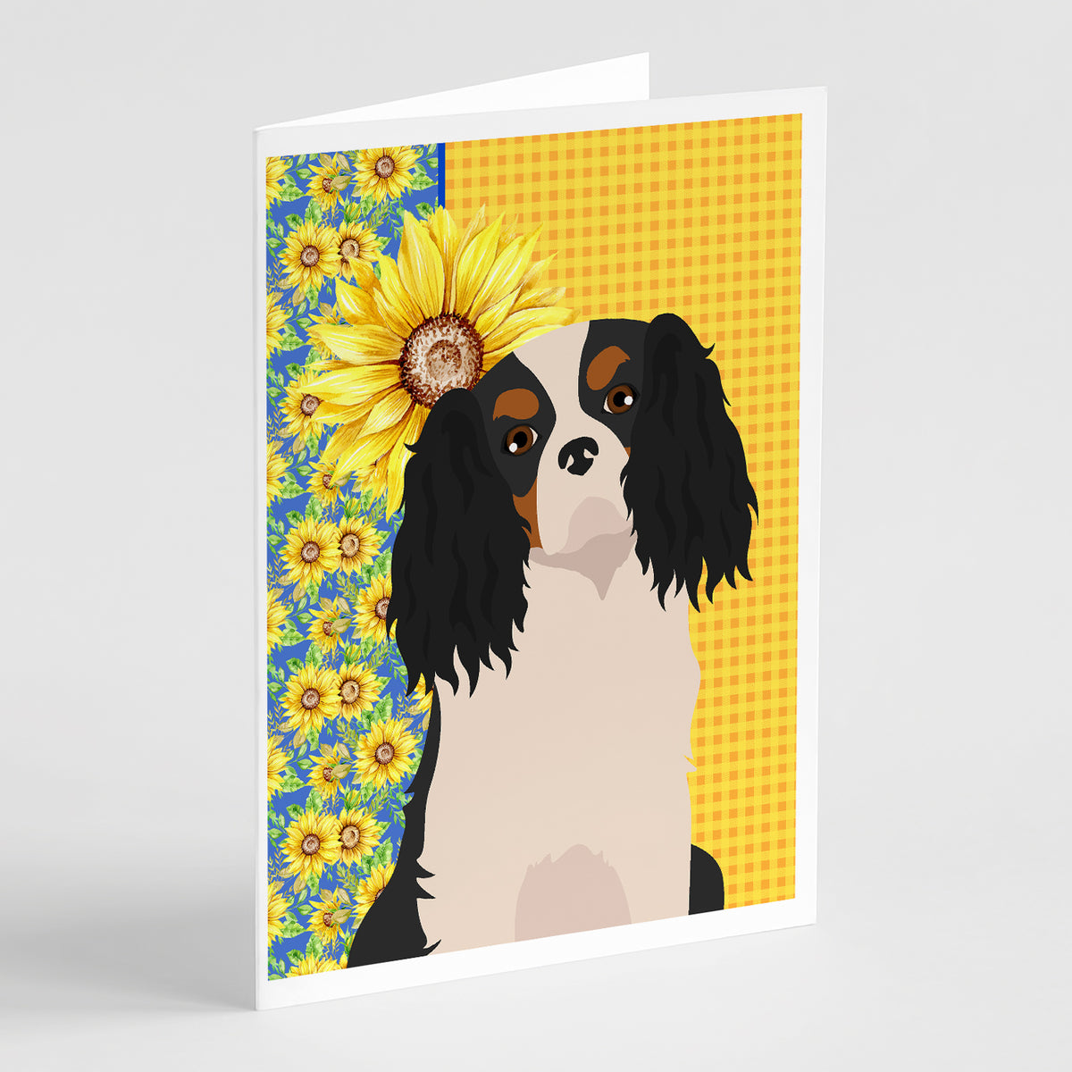 Buy this Summer Sunflowers Tricolor Cavalier Spaniel Greeting Cards and Envelopes Pack of 8