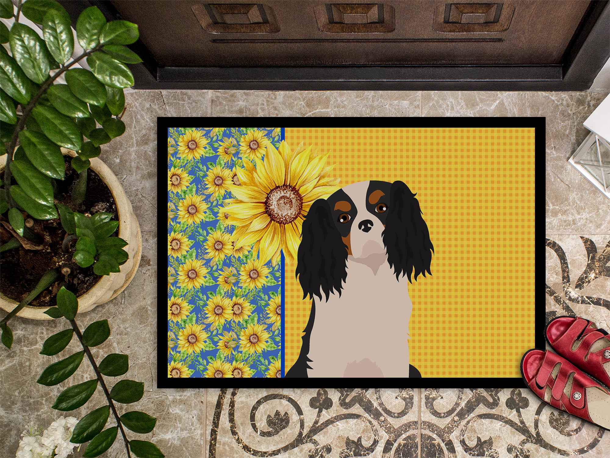 Summer Sunflowers Tricolor Cavalier Spaniel Indoor or Outdoor Mat 24x36 - the-store.com
