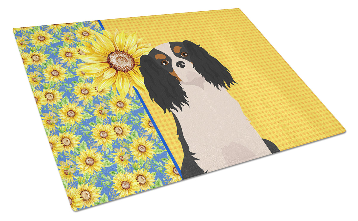 Buy this Summer Sunflowers Tricolor Cavalier Spaniel Glass Cutting Board Large
