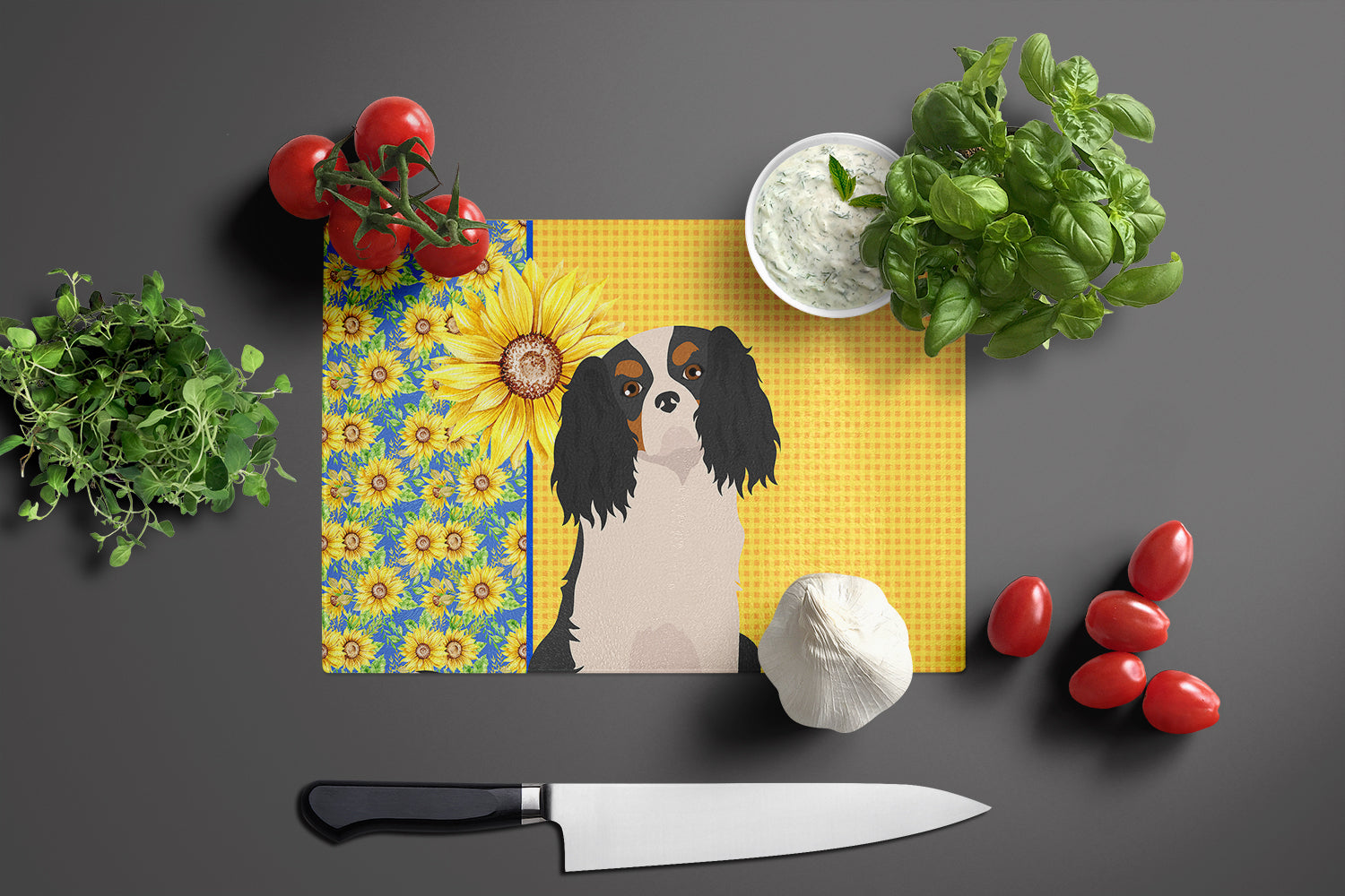 Summer Sunflowers Tricolor Cavalier Spaniel Glass Cutting Board Large - the-store.com