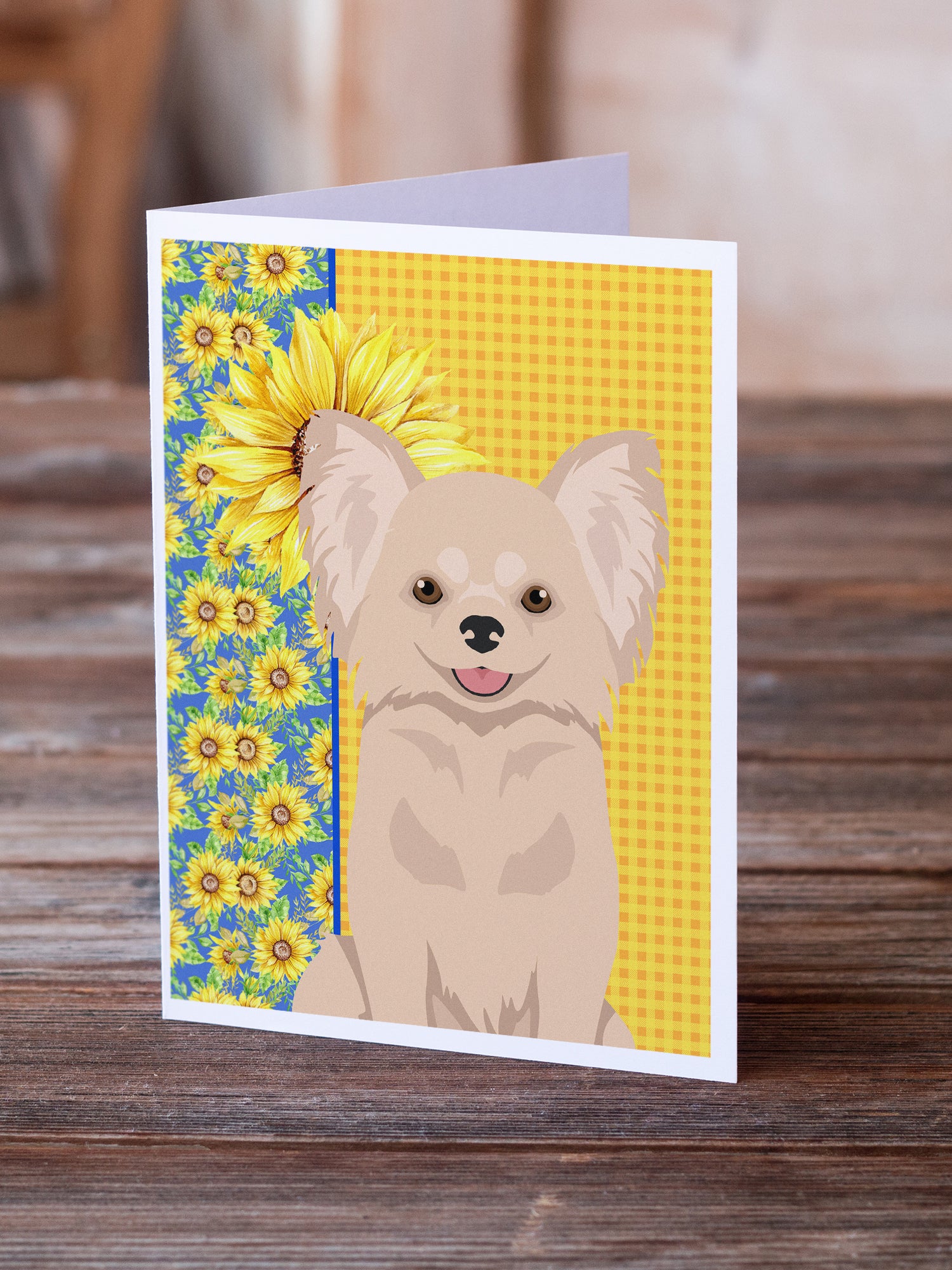 Buy this Summer Sunflowers Longhaired Cream Chihuahua Greeting Cards and Envelopes Pack of 8