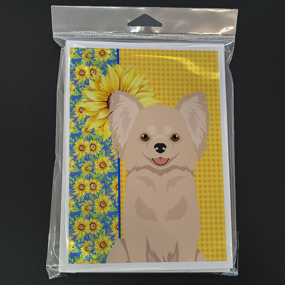 Summer Sunflowers Longhaired Cream Chihuahua Greeting Cards and Envelopes Pack of 8 - the-store.com