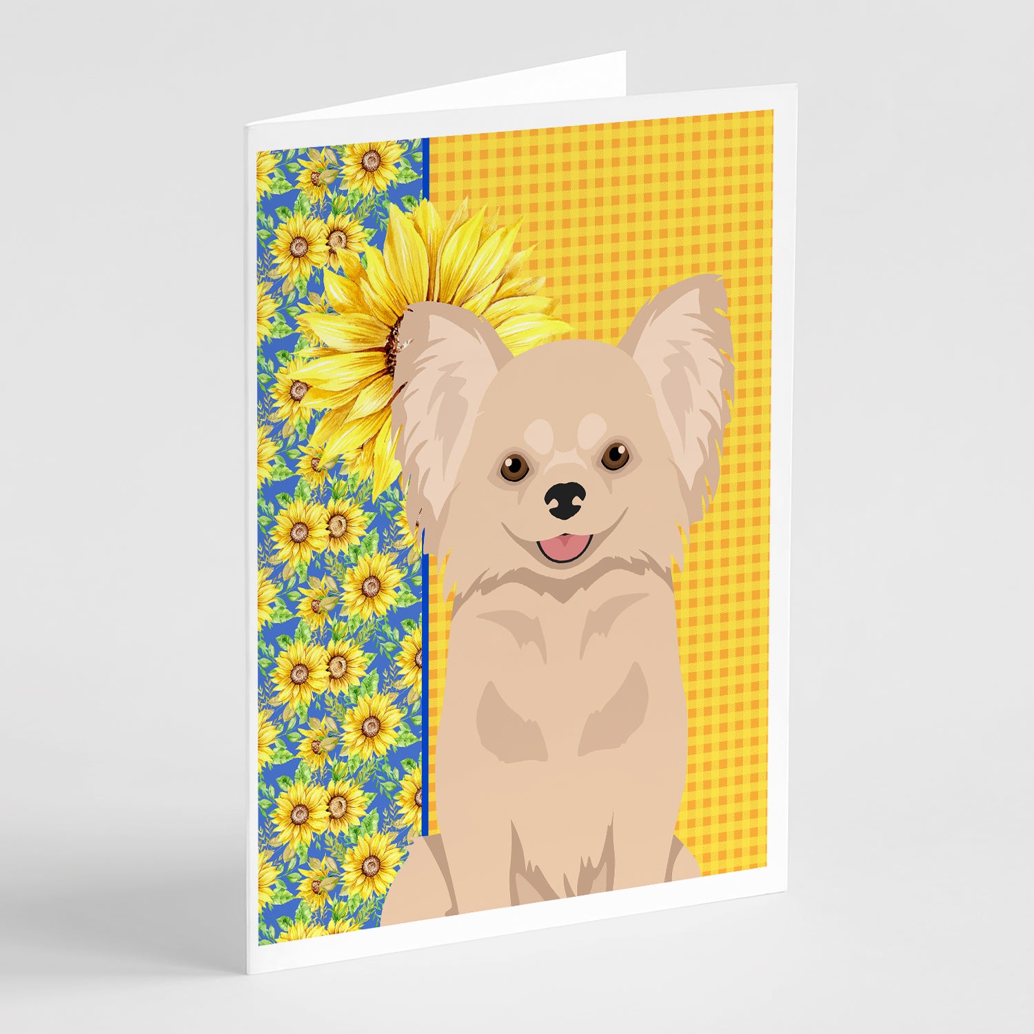Buy this Summer Sunflowers Longhaired Cream Chihuahua Greeting Cards and Envelopes Pack of 8