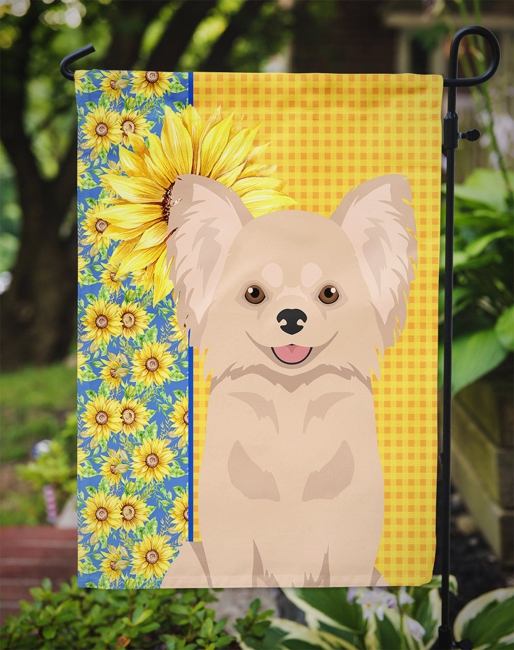 Summer Sunflowers Longhaired Cream Chihuahua Flag Garden Size  the-store.com.