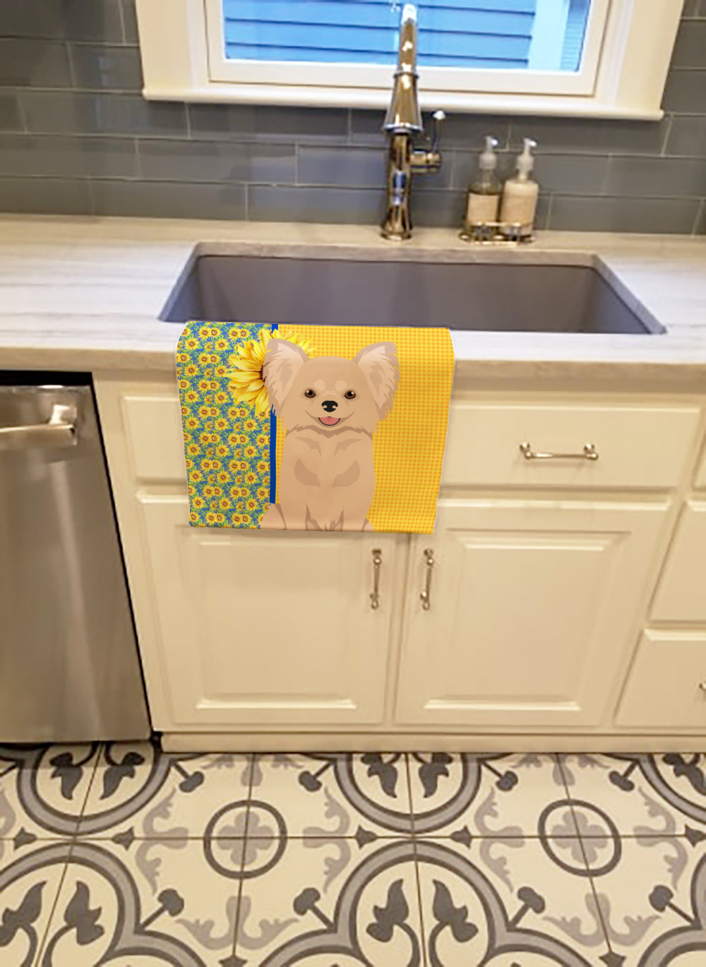 Summer Sunflowers Longhaired Cream Chihuahua Kitchen Towel - the-store.com