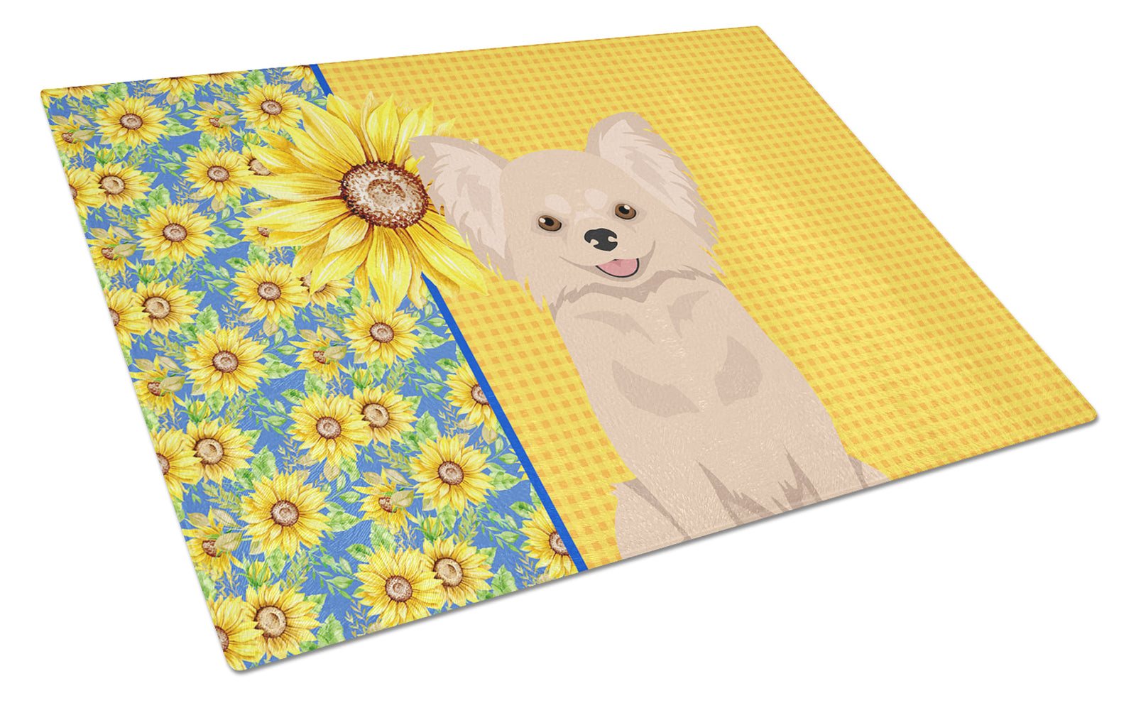 Buy this Summer Sunflowers Longhaired Cream Chihuahua Glass Cutting Board Large