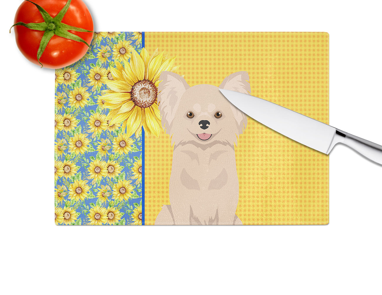 Summer Sunflowers Longhaired Cream Chihuahua Glass Cutting Board Large - the-store.com