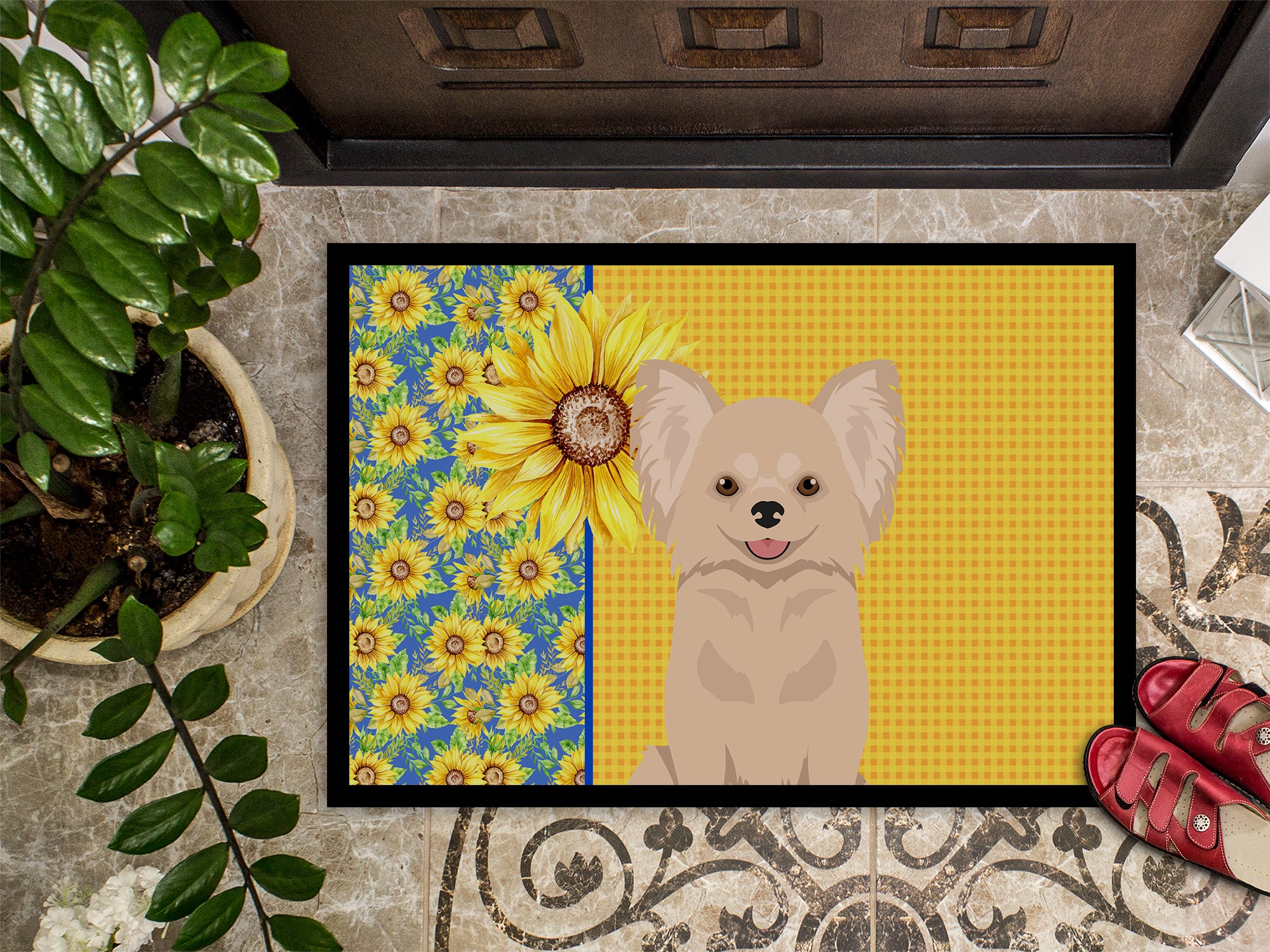 Summer Sunflowers Longhaired Cream Chihuahua Indoor or Outdoor Mat 18x27 - the-store.com