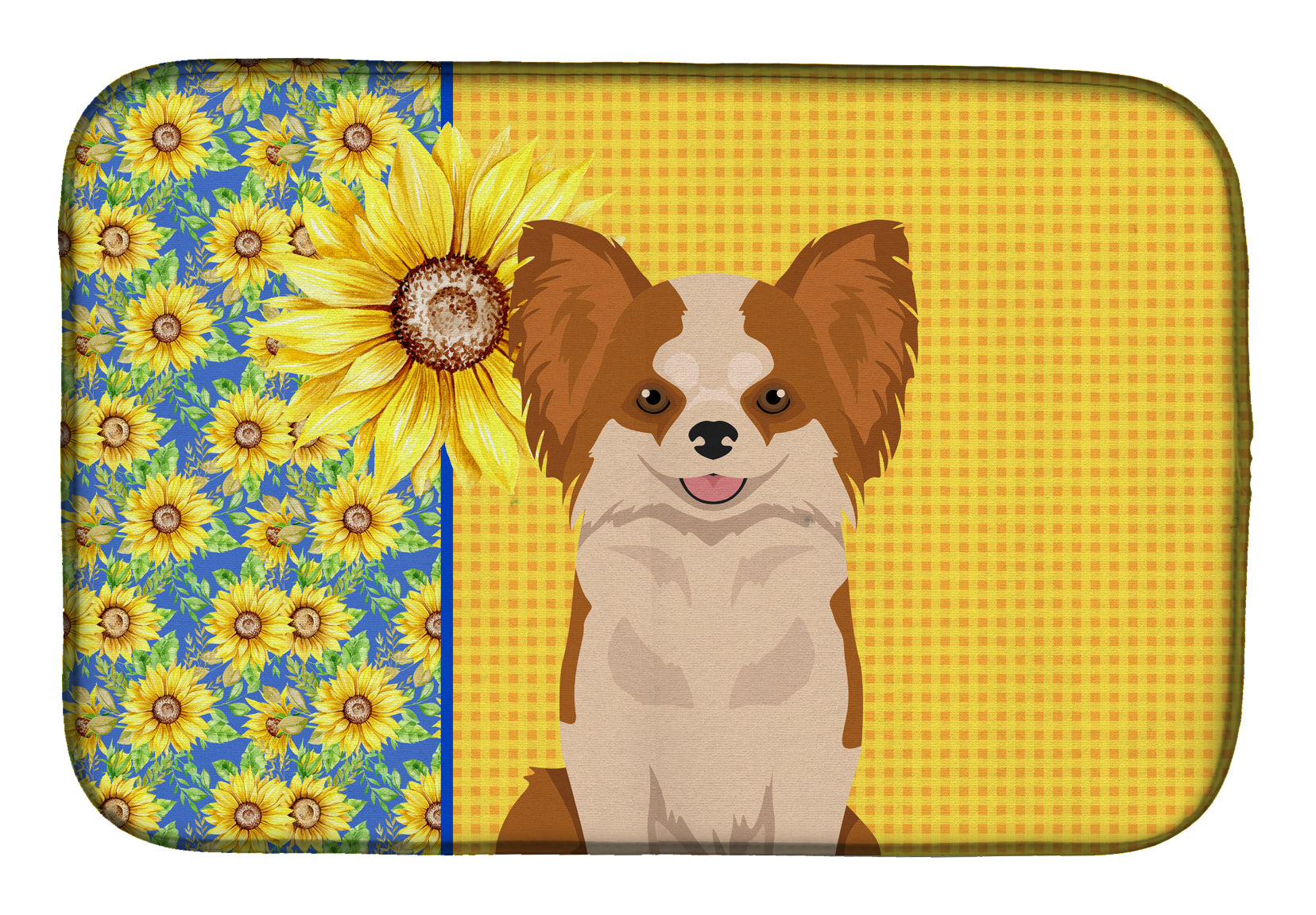 Summer Sunflowers Longhaired Red and White Chihuahua Dish Drying Mat  the-store.com.