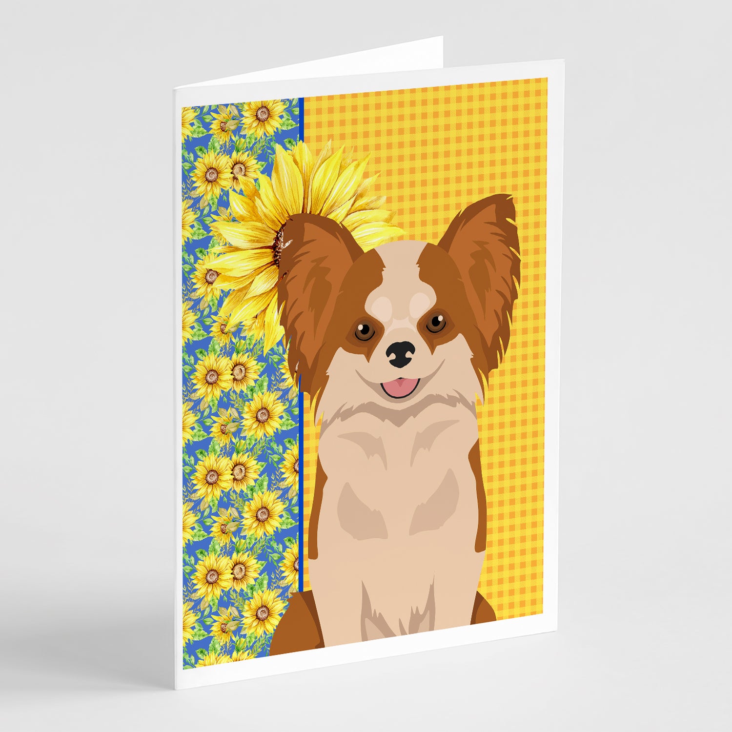 Buy this Summer Sunflowers Longhaired Red and White Chihuahua Greeting Cards and Envelopes Pack of 8