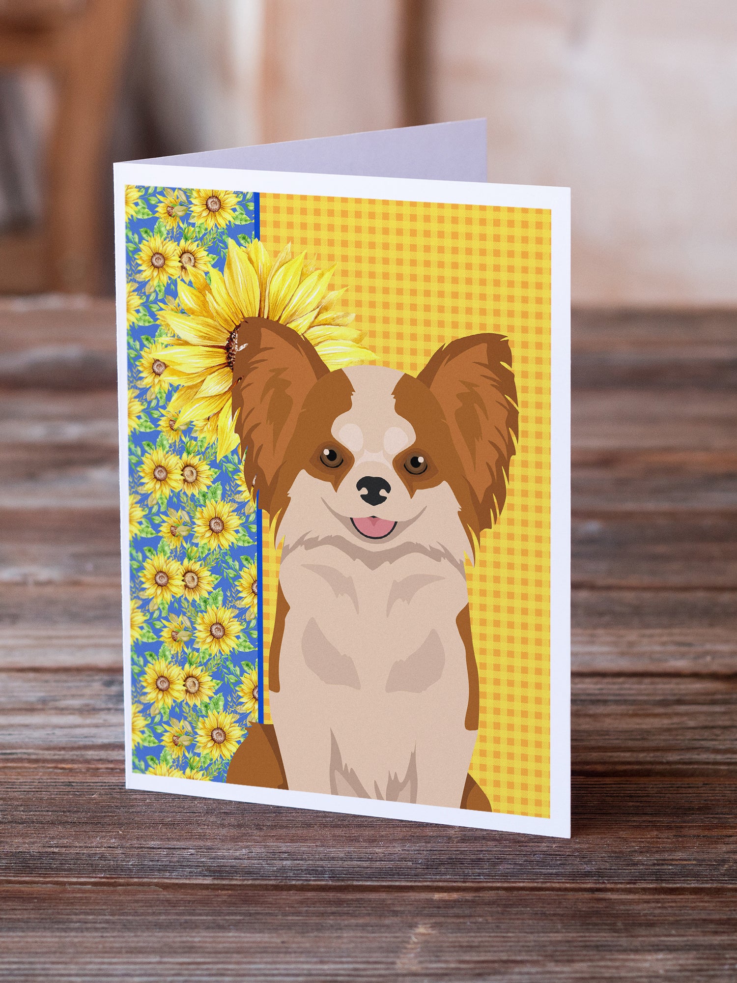 Summer Sunflowers Longhaired Red and White Chihuahua Greeting Cards and Envelopes Pack of 8 - the-store.com