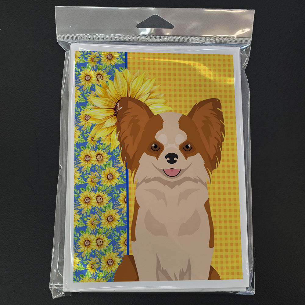 Summer Sunflowers Longhaired Red and White Chihuahua Greeting Cards and Envelopes Pack of 8 - the-store.com