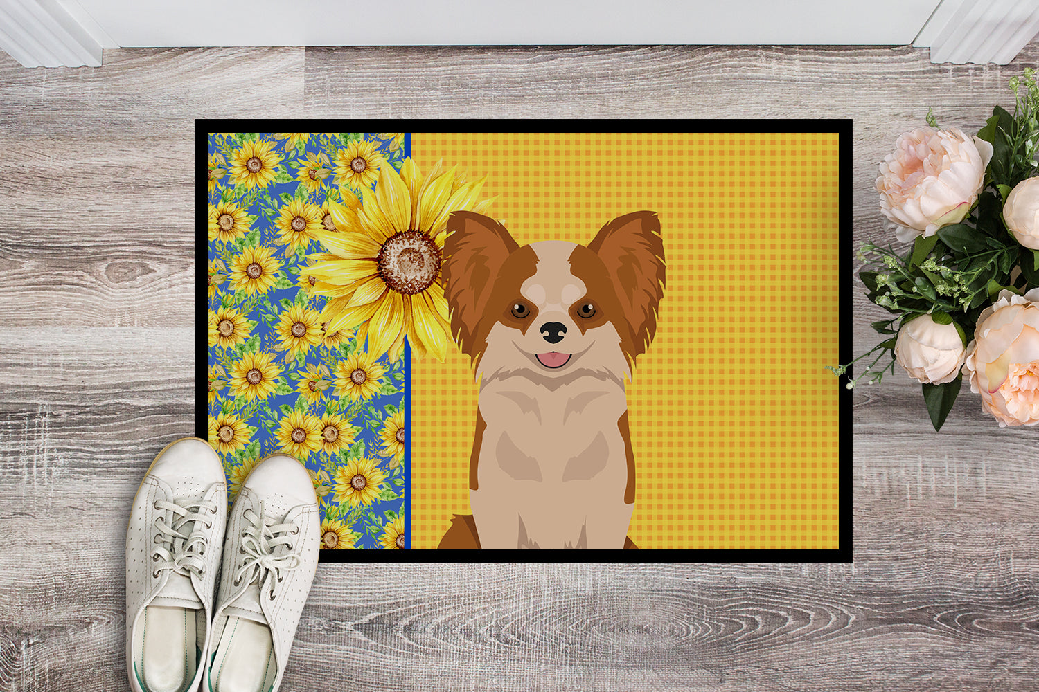 Summer Sunflowers Longhaired Red and White Chihuahua Indoor or Outdoor Mat 24x36 - the-store.com