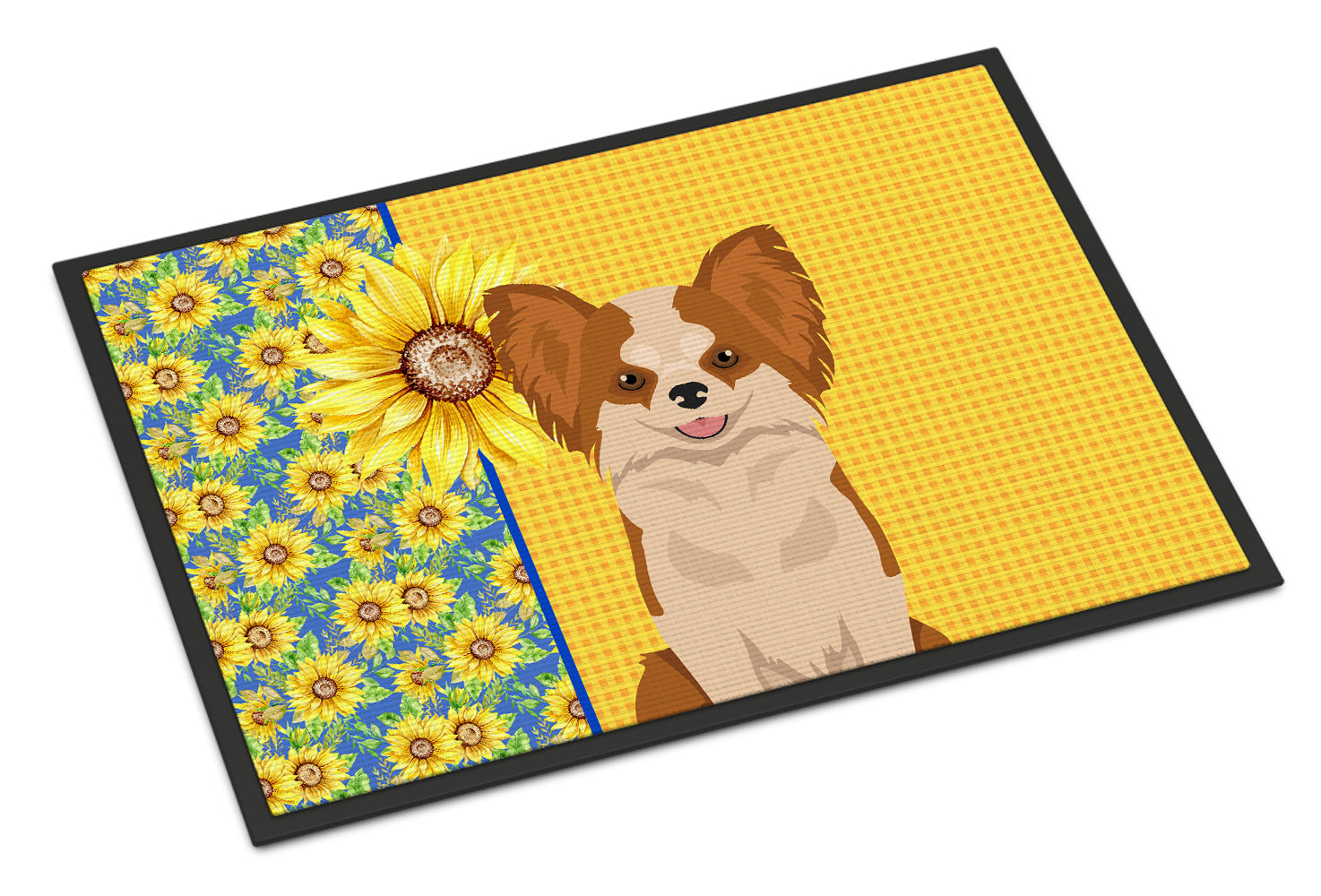 Buy this Summer Sunflowers Longhaired Red and White Chihuahua Indoor or Outdoor Mat 24x36