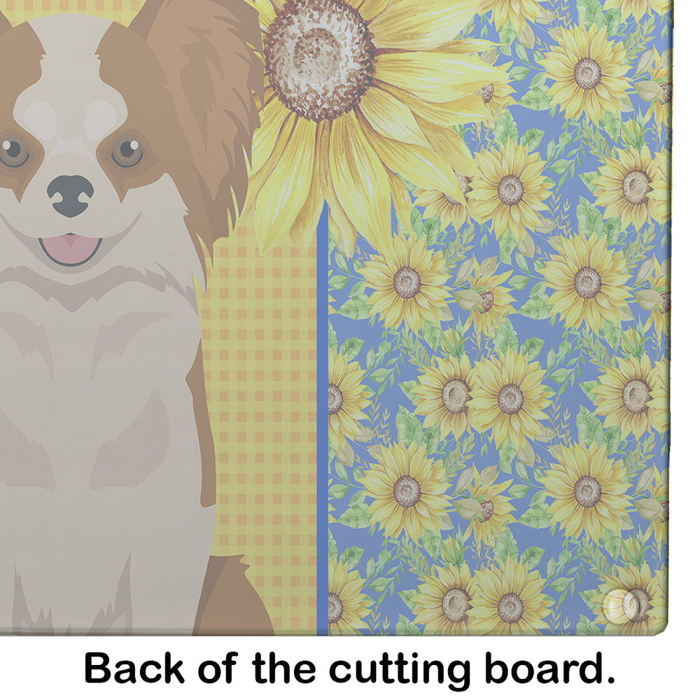 Summer Sunflowers Longhaired Red and White Chihuahua Glass Cutting Board Large - the-store.com