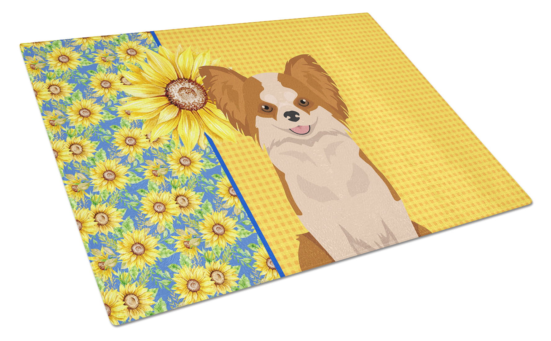 Buy this Summer Sunflowers Longhaired Red and White Chihuahua Glass Cutting Board Large