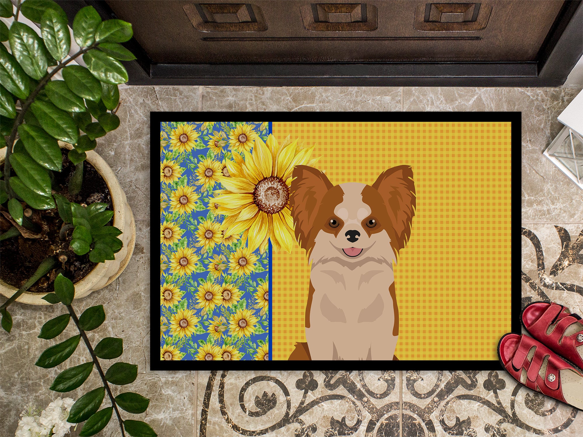 Summer Sunflowers Longhaired Red and White Chihuahua Indoor or Outdoor Mat 18x27 - the-store.com