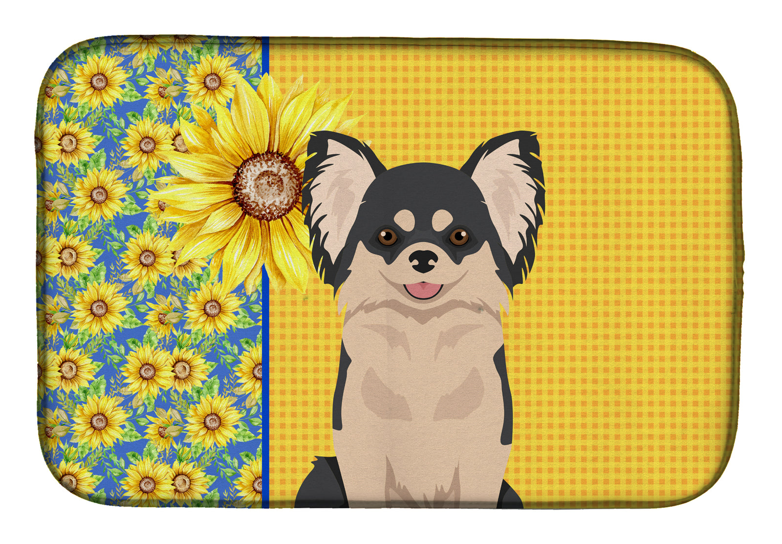 Summer Sunflowers Longhaired Black and White Chihuahua Dish Drying Mat