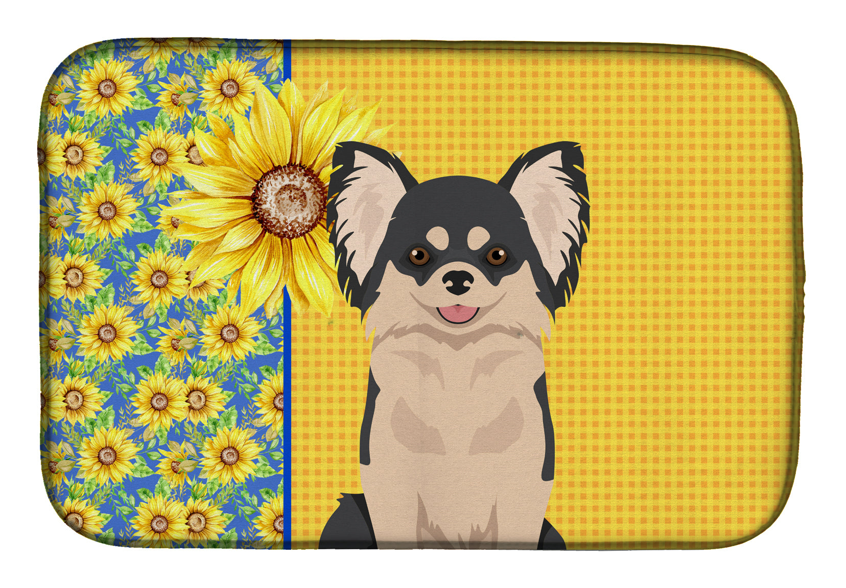Summer Sunflowers Longhaired Black and White Chihuahua Dish Drying Mat  the-store.com.
