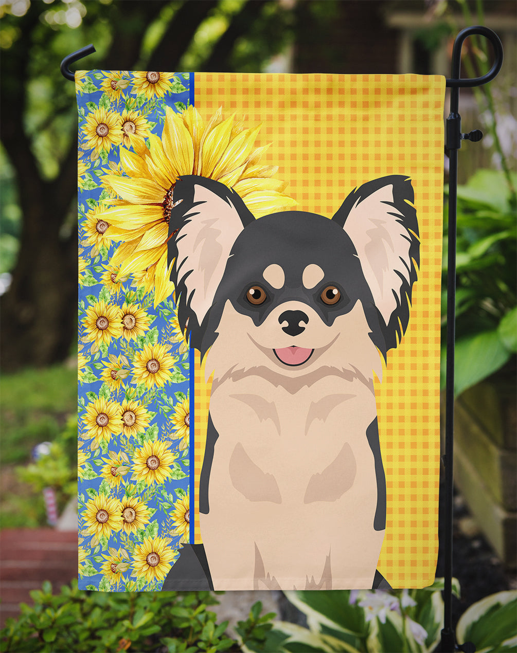 Summer Sunflowers Longhaired Black and White Chihuahua Flag Garden Size  the-store.com.