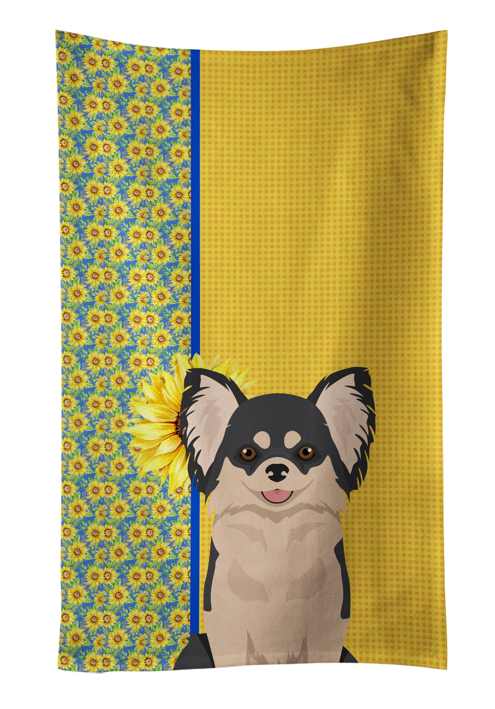 Buy this Summer Sunflowers Longhaired Black and White Chihuahua Kitchen Towel