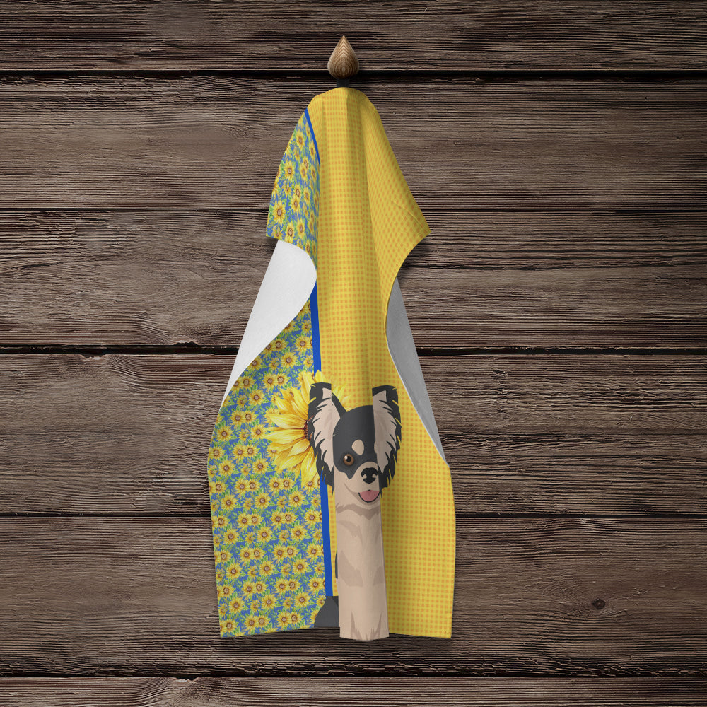 Summer Sunflowers Longhaired Black and White Chihuahua Kitchen Towel - the-store.com