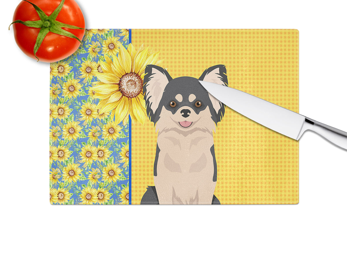 Caroline's Treasures Summer Sunflowers Longhaired Black and White Chihuahua Glass Cutting Boards – Durable, Decorative Kitchen Art Large