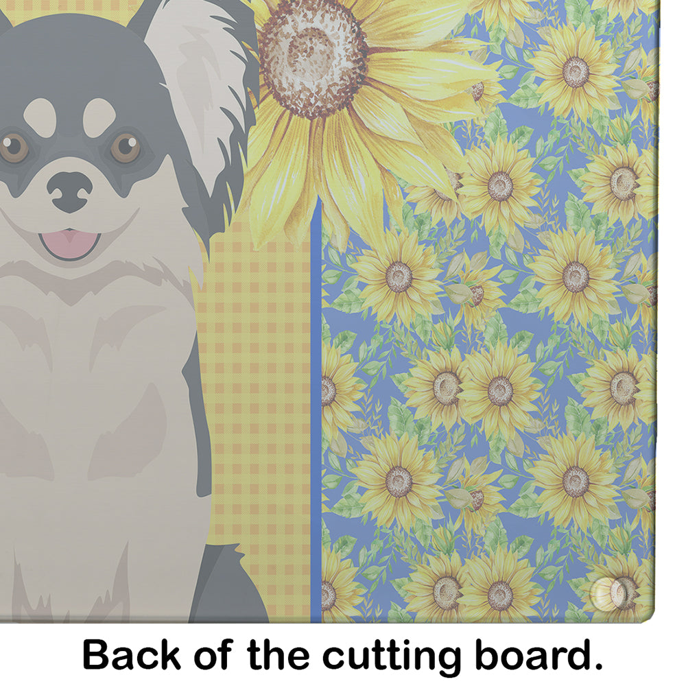 Caroline's Treasures Summer Sunflowers Longhaired Black and White Chihuahua Glass Cutting Boards – Durable, Decorative Kitchen Art Large