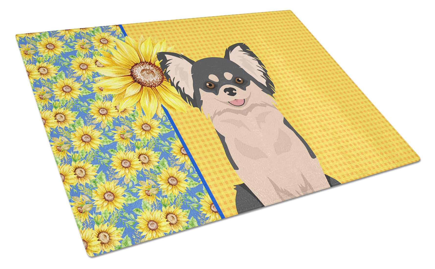 Buy this Summer Sunflowers Longhaired Black and White Chihuahua Glass Cutting Board Large