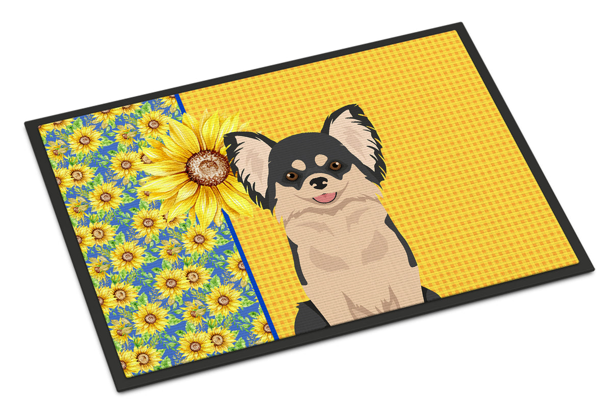 Buy this Summer Sunflowers Longhaired Black and White Chihuahua Indoor or Outdoor Mat 18x27