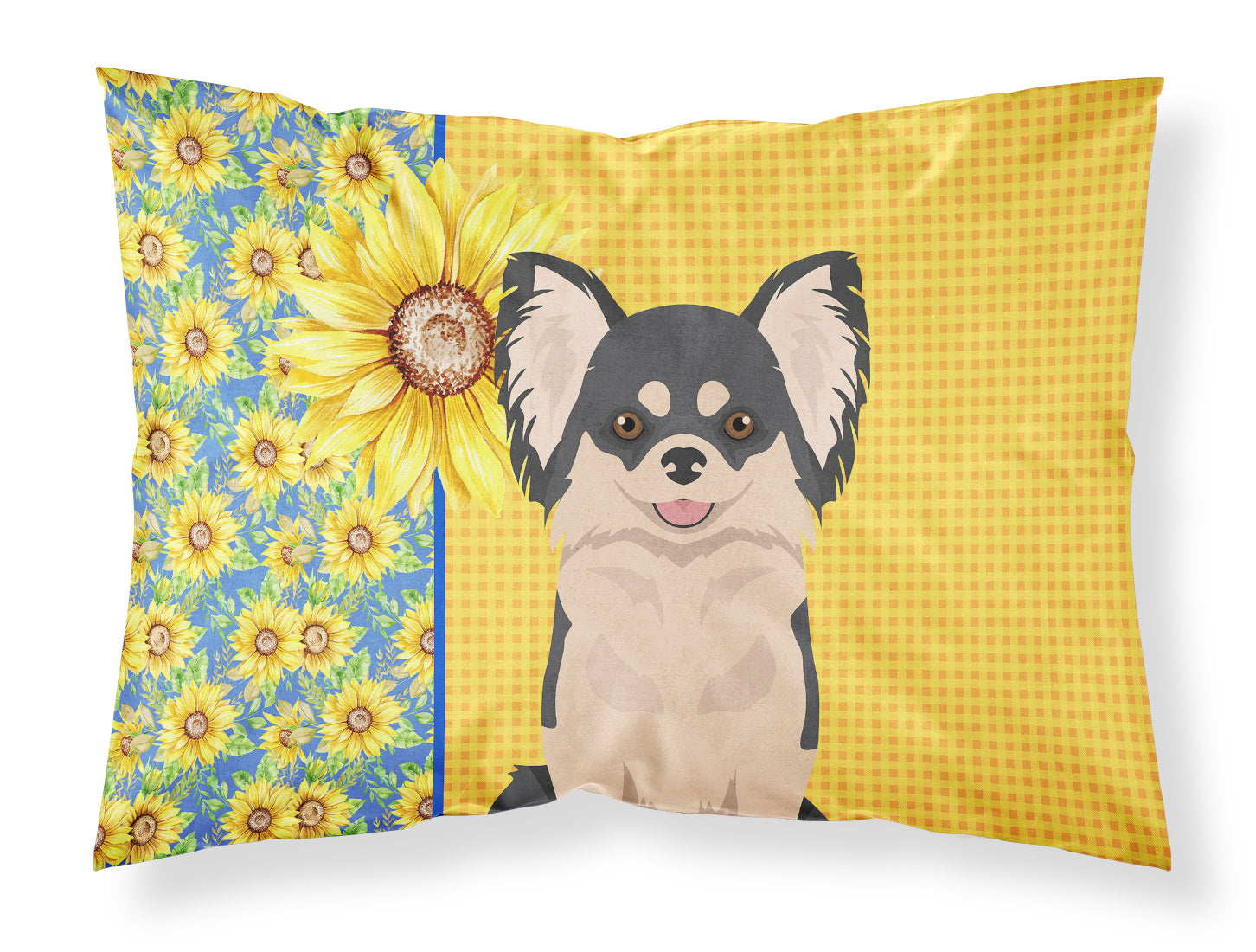Buy this Summer Sunflowers Longhaired Black and White Chihuahua Fabric Standard Pillowcase