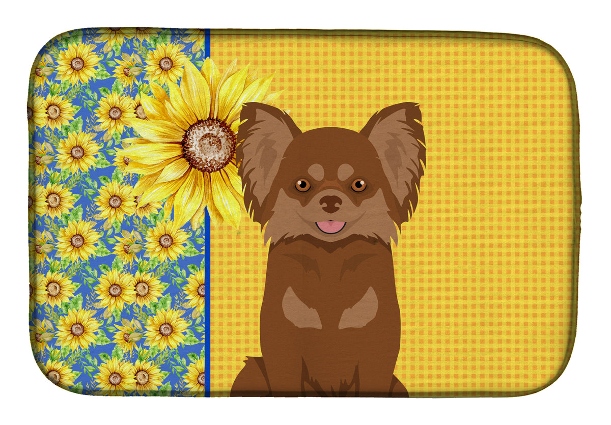 Summer Sunflowers Longhaired Chocolate and Tan Chihuahua Dish Drying Mat
