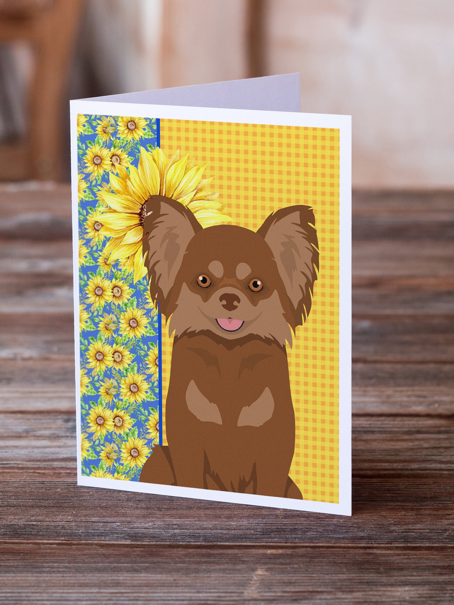 Buy this Summer Sunflowers Longhaired Chocolate and Tan Chihuahua Greeting Cards and Envelopes Pack of 8