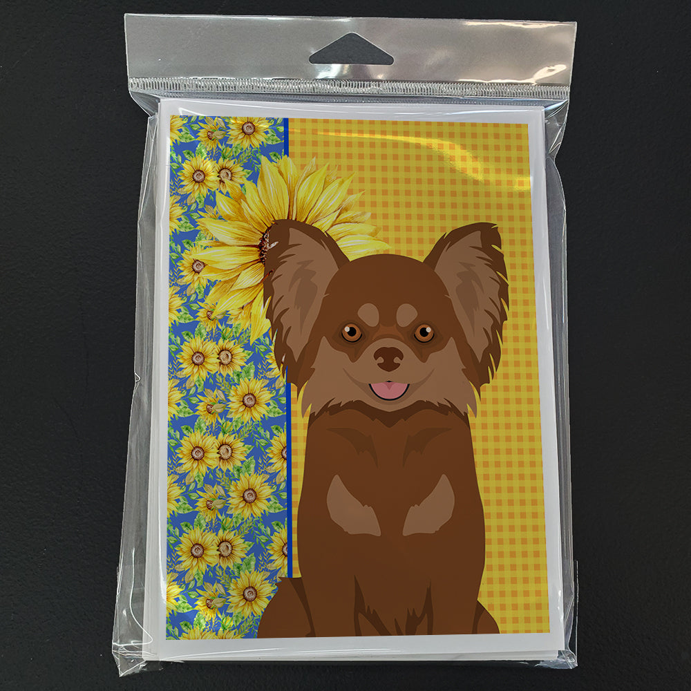 Summer Sunflowers Longhaired Chocolate and Tan Chihuahua Greeting Cards and Envelopes Pack of 8 - the-store.com