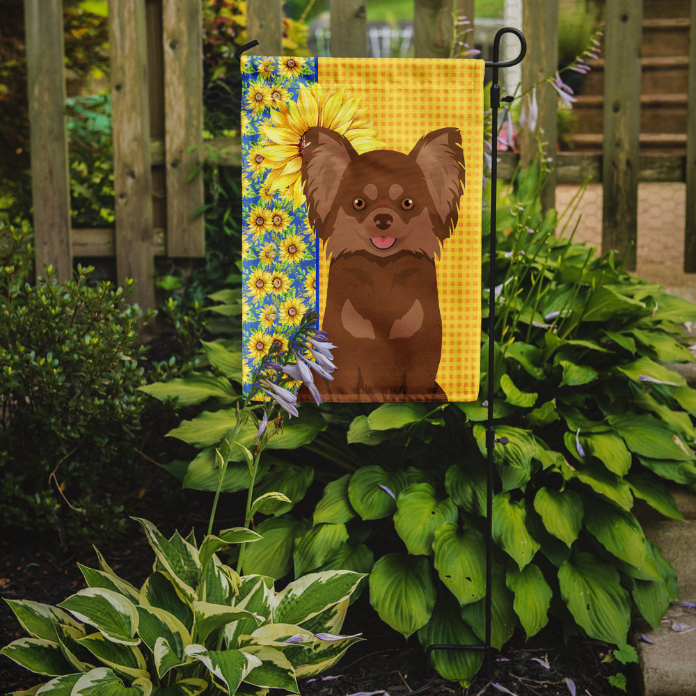 Summer Sunflowers Longhaired Chocolate and Tan Chihuahua Flag Garden Size  the-store.com.