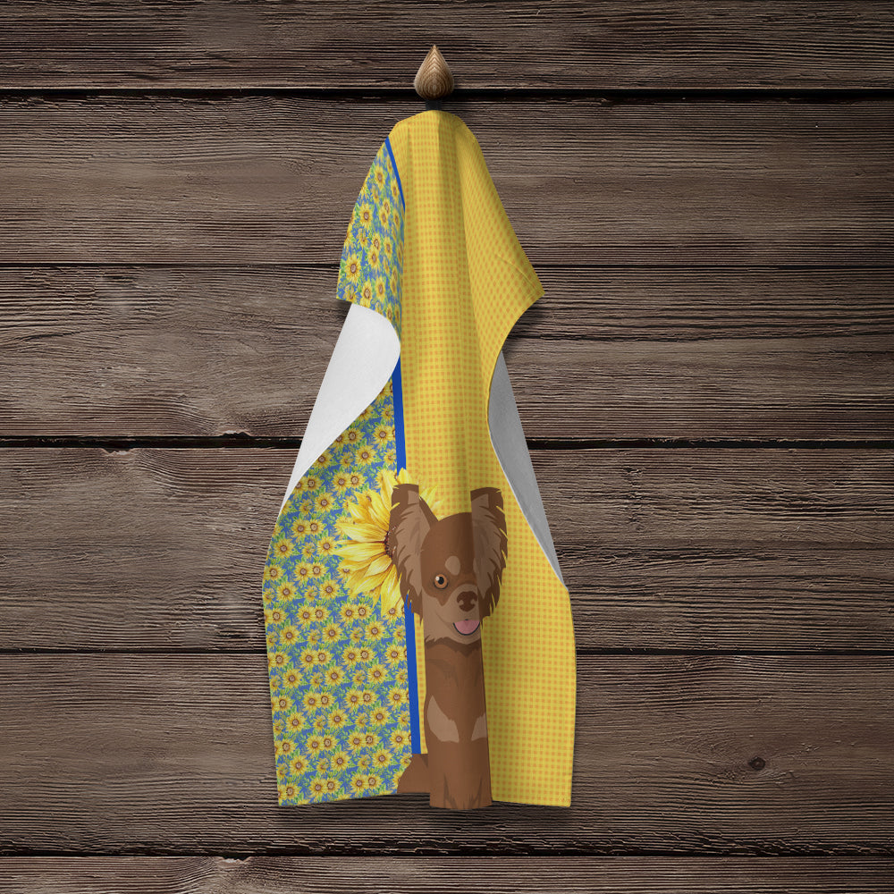 Summer Sunflowers Longhaired Chocolate and Tan Chihuahua Kitchen Towel - the-store.com