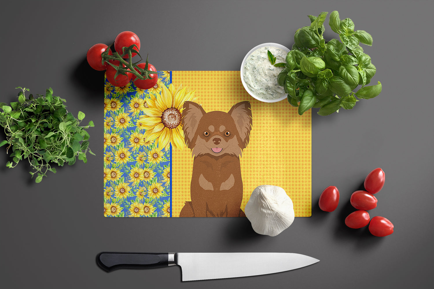 Summer Sunflowers Longhaired Chocolate and Tan Chihuahua Glass Cutting Board Large - the-store.com