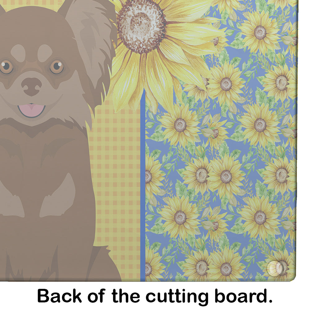 Summer Sunflowers Longhaired Chocolate and Tan Chihuahua Glass Cutting Board Large - the-store.com