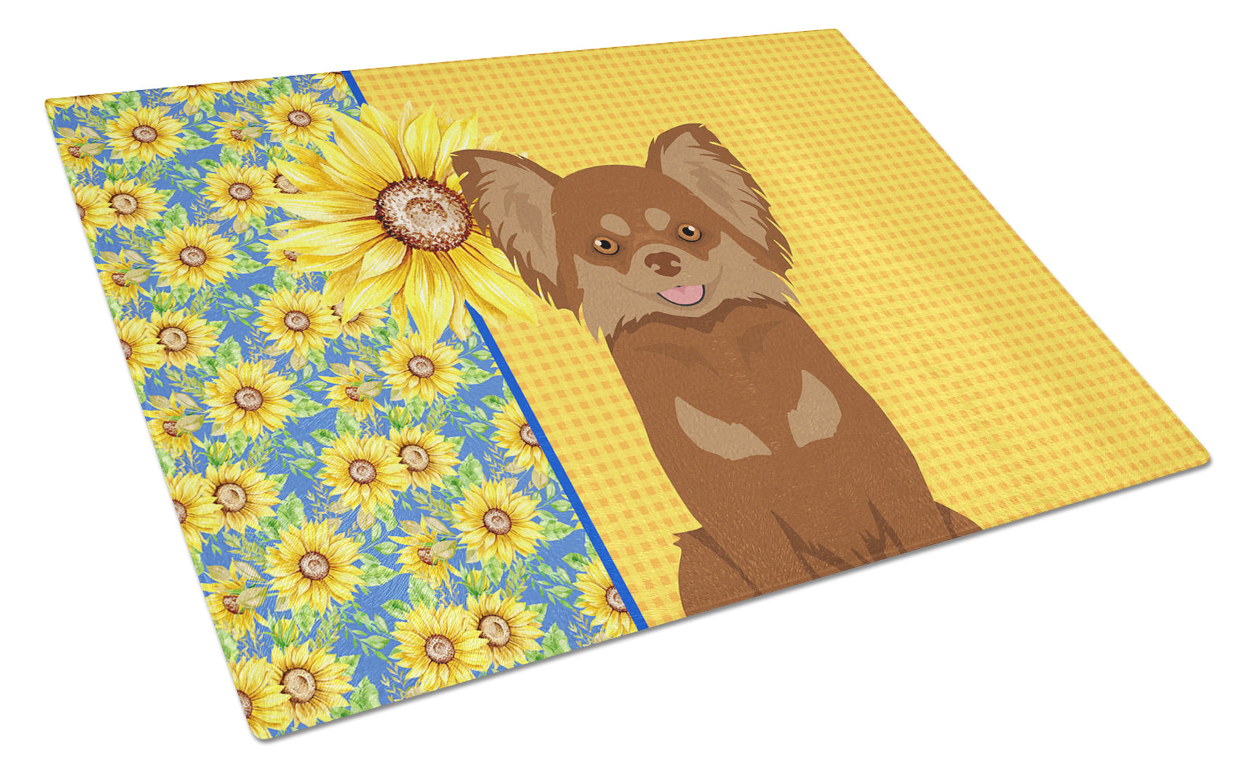 Buy this Summer Sunflowers Longhaired Chocolate and Tan Chihuahua Glass Cutting Board Large