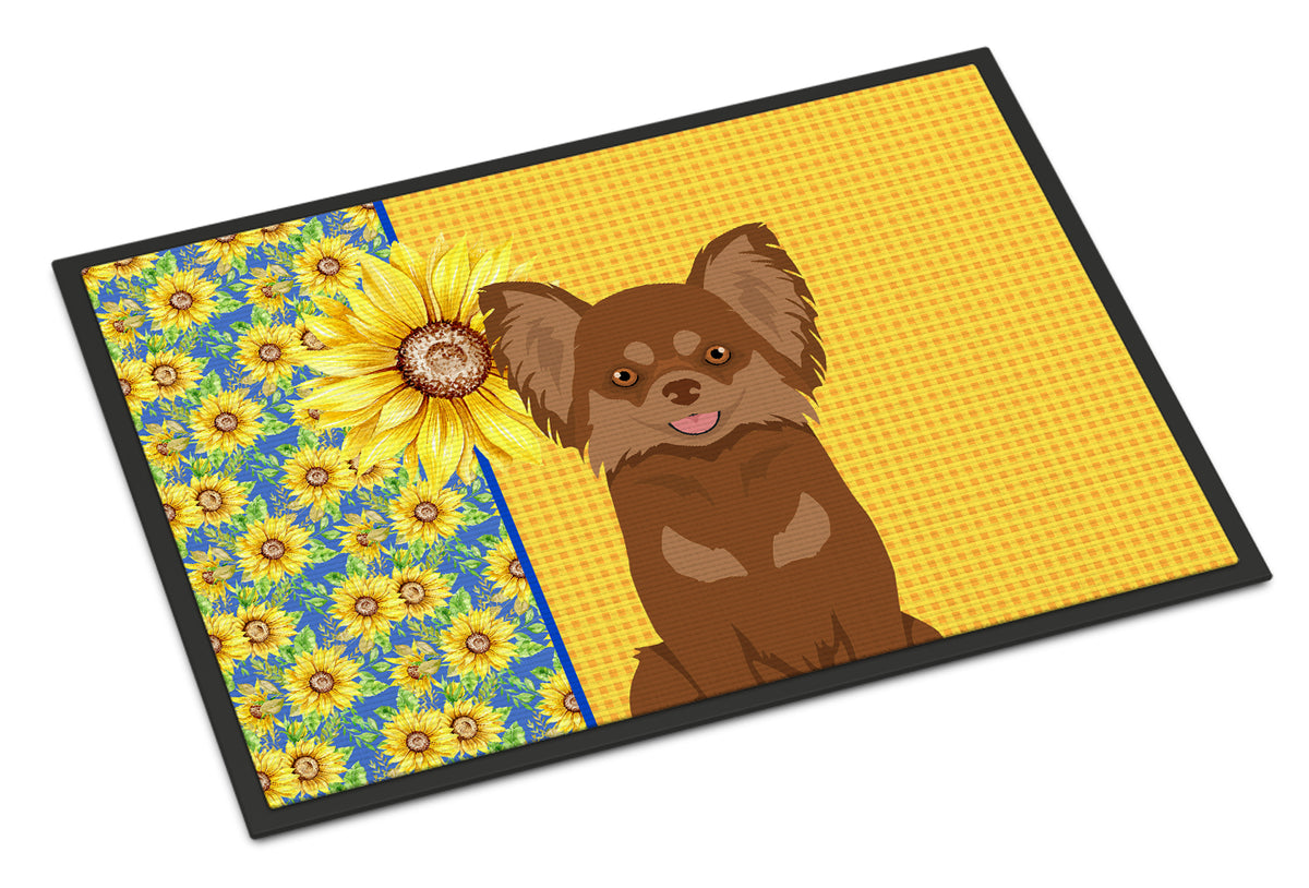 Buy this Summer Sunflowers Longhaired Chocolate and Tan Chihuahua Indoor or Outdoor Mat 18x27