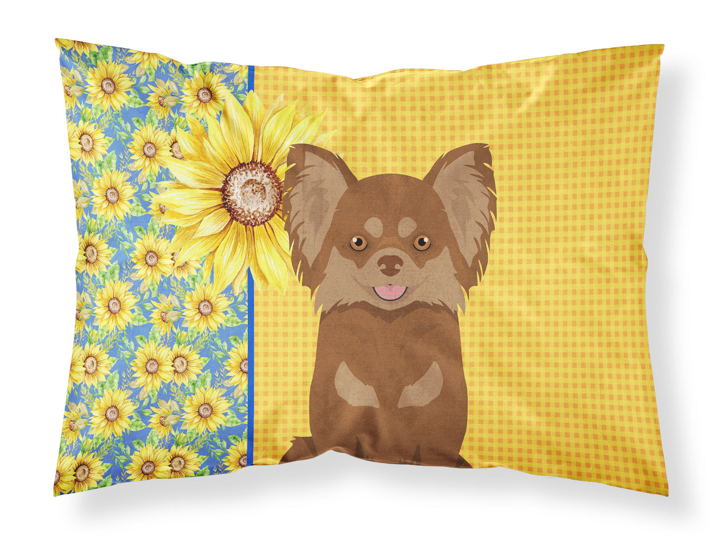 Buy this Summer Sunflowers Longhaired Chocolate and Tan Chihuahua Fabric Standard Pillowcase