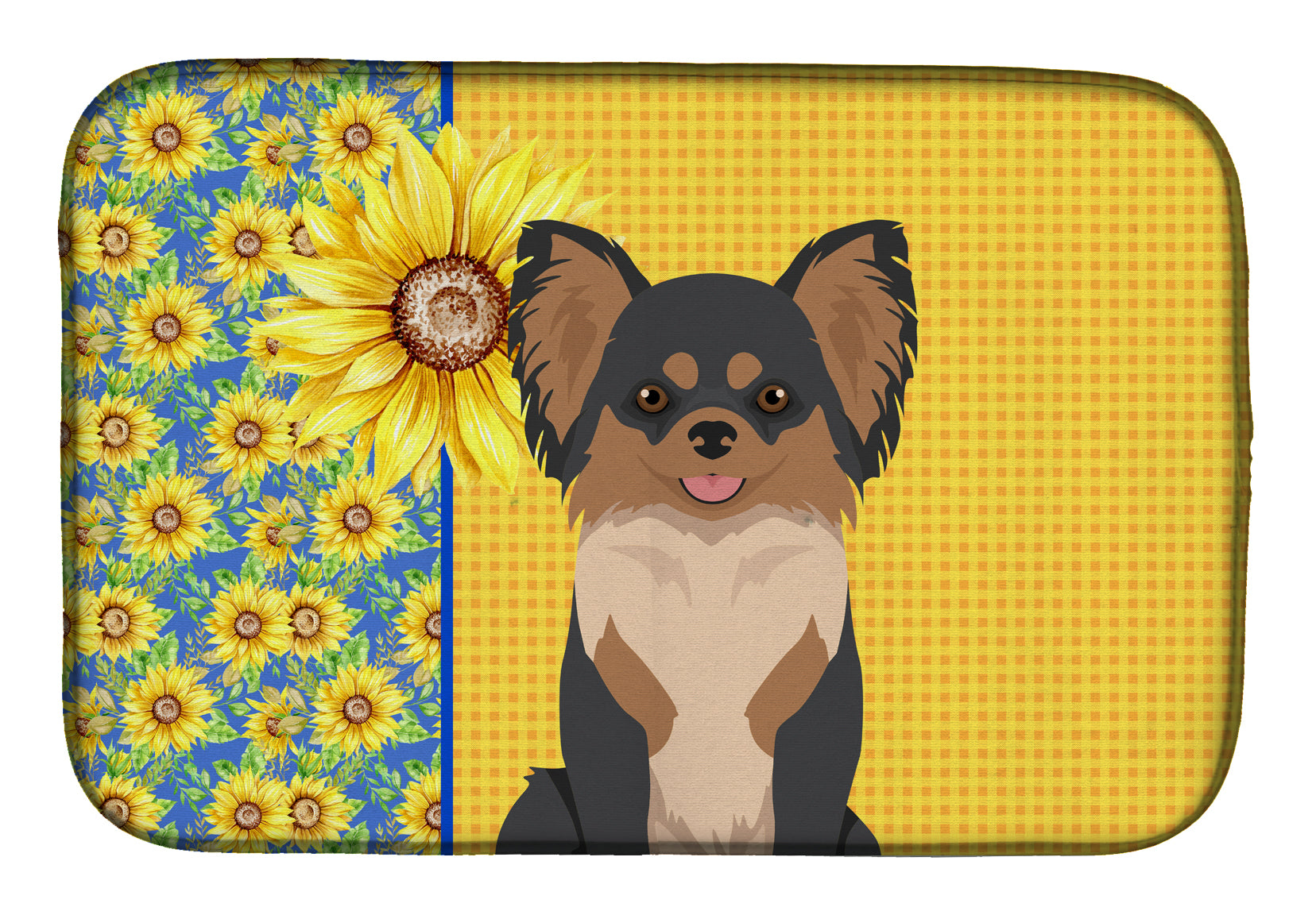 Summer Sunflowers Longhaired Black and Tan Chihuahua Dish Drying Mat  the-store.com.