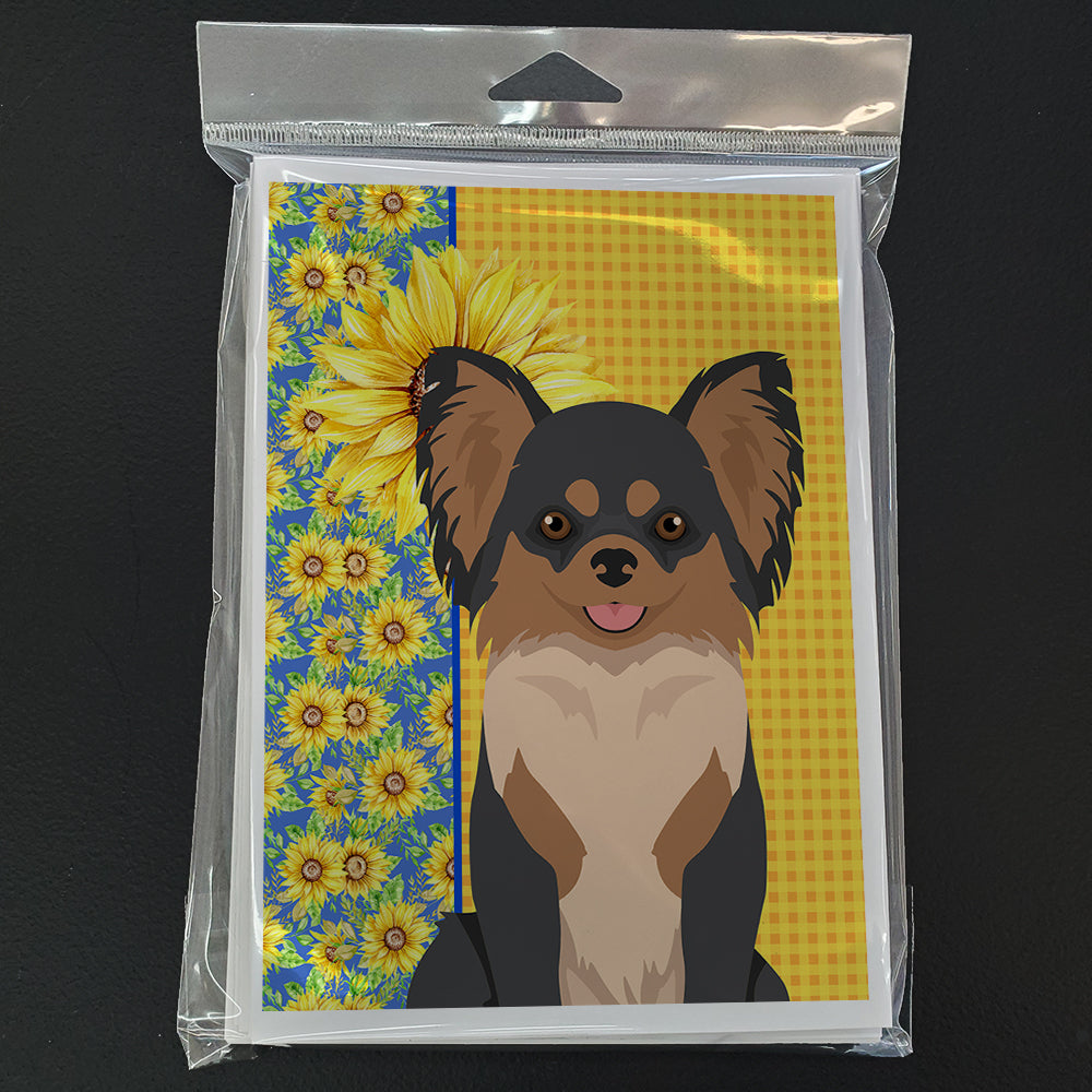 Summer Sunflowers Longhaired Black and Tan Chihuahua Greeting Cards and Envelopes Pack of 8 - the-store.com