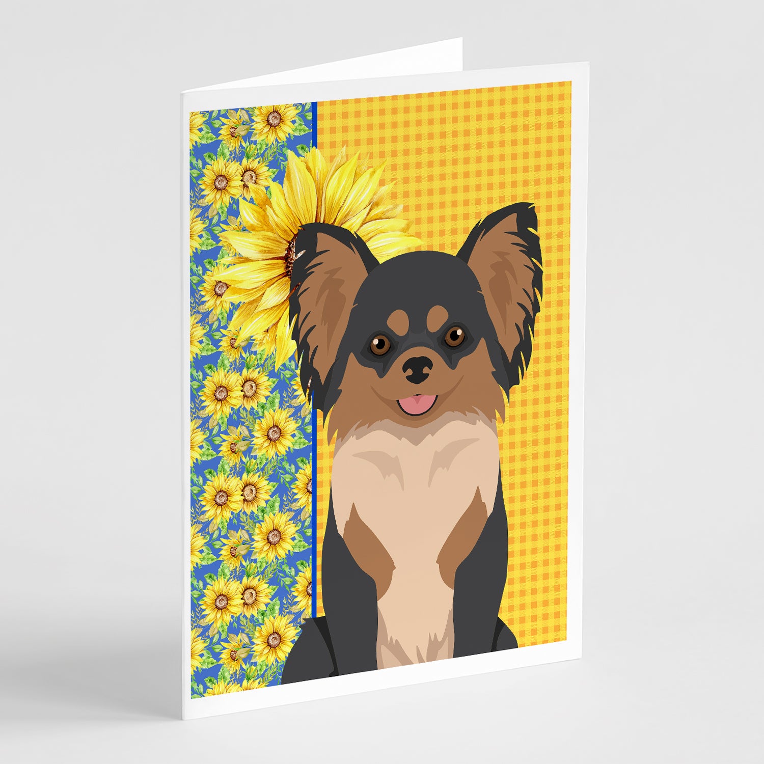 Buy this Summer Sunflowers Longhaired Black and Tan Chihuahua Greeting Cards and Envelopes Pack of 8