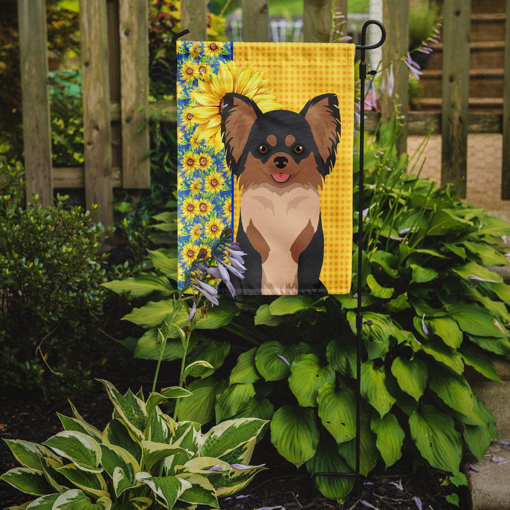 Summer Sunflowers Longhaired Black and Tan Chihuahua Flag Garden Size  the-store.com.